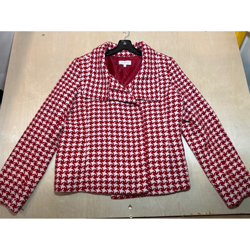 Vintage 90s Talbots Houndstooth Jacket Womens 16 Red White Wool Blend LK4907